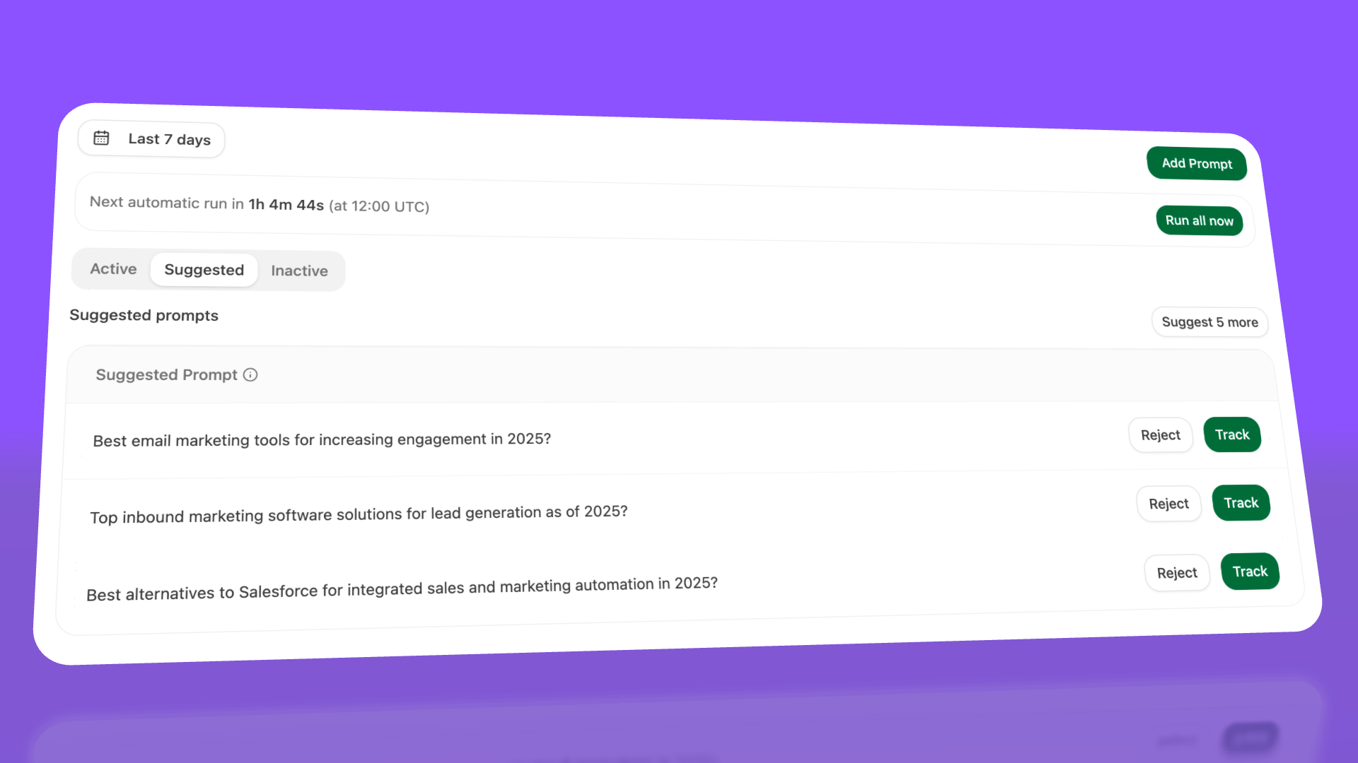 Prompt suggestion dashboard showing AI-recommended high-intent buying questions grouped by theme.